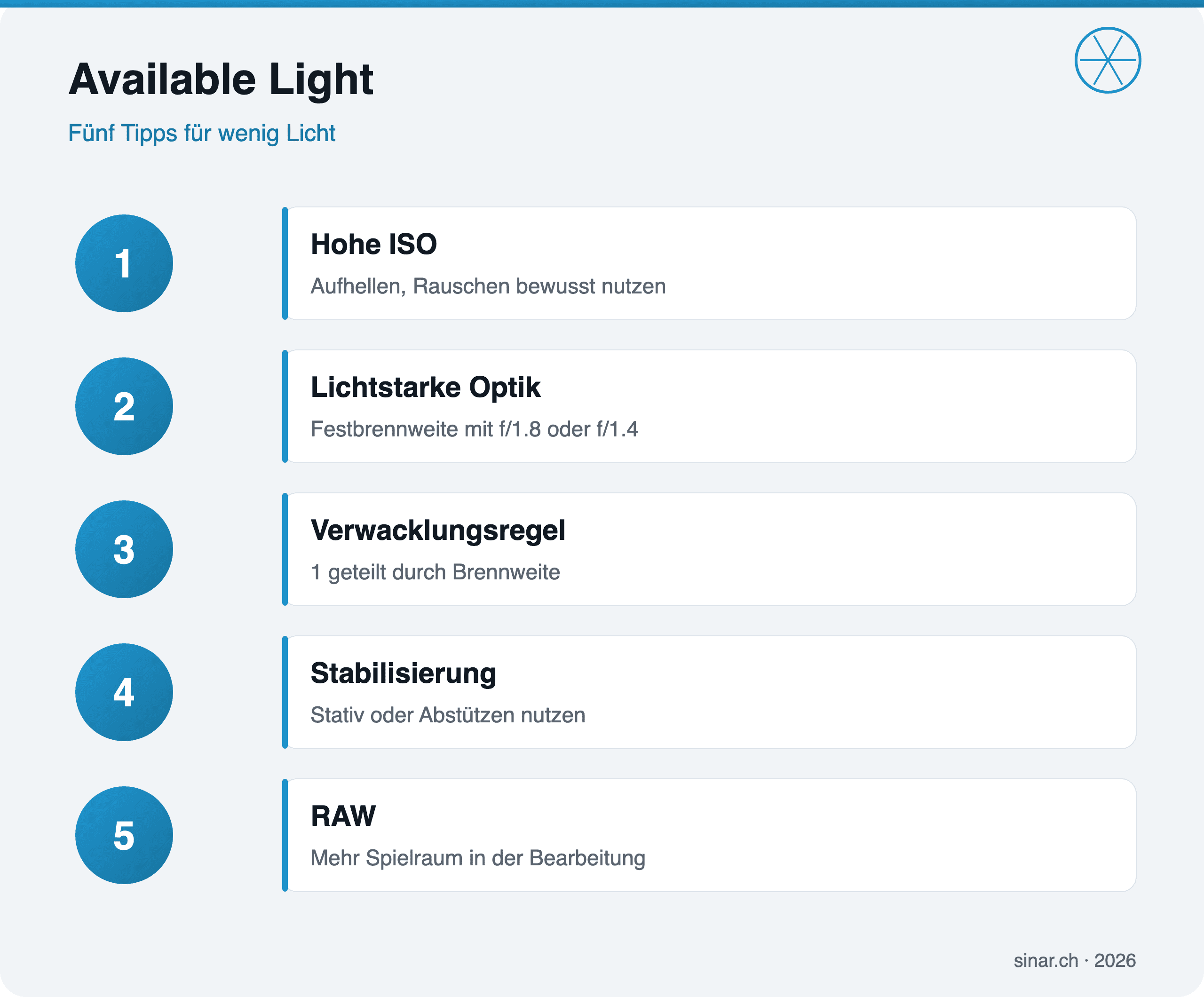 Infografik mit fünf Tipps für Available-Light-Fotografie