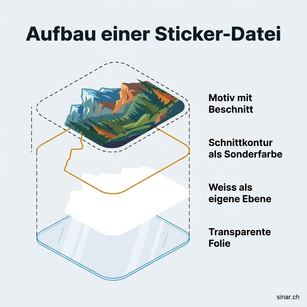Infografik: Aufbau einer Sticker-Druckdatei mit Bildebene samt Beschnitt, Schnittkontur in Sonderfarbe und Weissunterdruck auf transparenter Folie