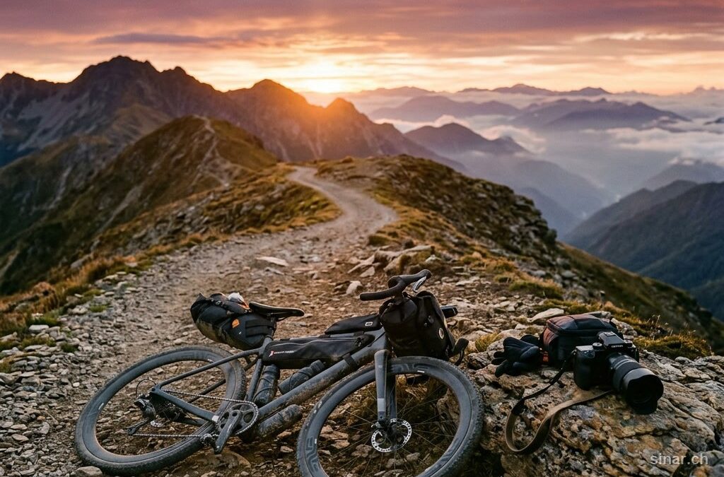 Gravelbike und Kamera bei Sonnenaufgang auf einem Bergrücken