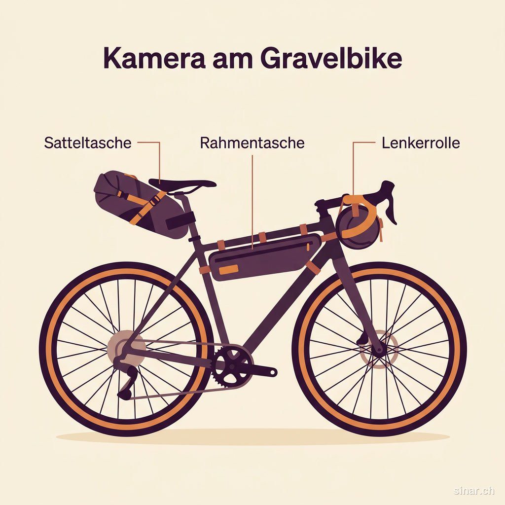 Infografik: Wohin Kamera, Lenkerrolle und Satteltasche am Gravelbike gehören