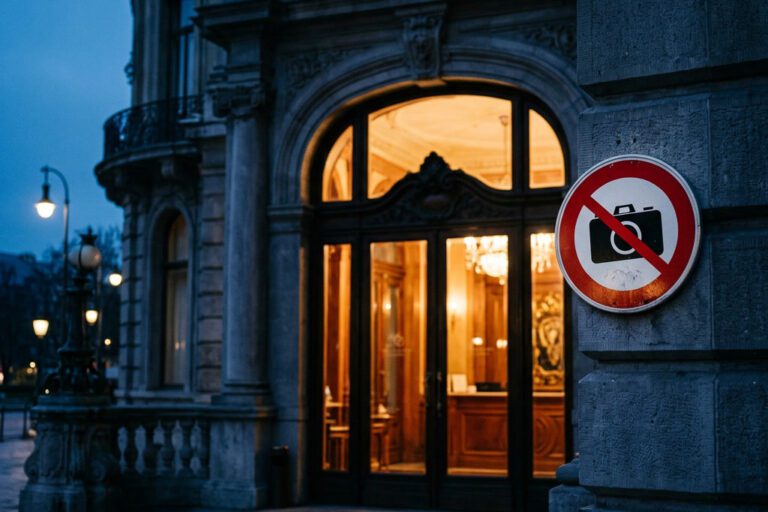 Eingang eines Casinos in der Daemmerung mit rundem Verbotsschild fuer Fotografieren