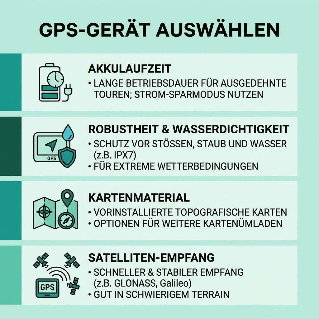 Outdoor-Navigation: GPS-Geräte für sichere Touren 2 Infografik mit den vier wichtigsten Auswahlkriterien für ein GPS-Outdoor-Gerät: Akkulaufzeit, Robustheit, Kartenmaterial und Satelliten-Empfang