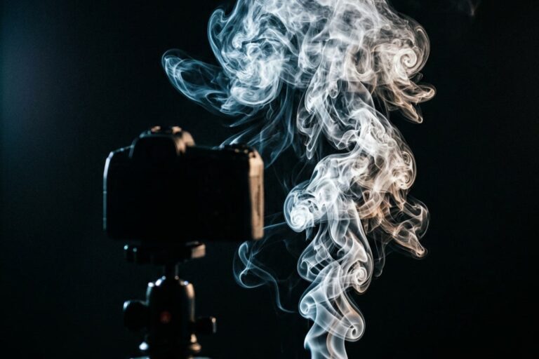 Kamera auf Stativ vor aufsteigendem weissem Rauch vor schwarzem Hintergrund im Fotostudio
