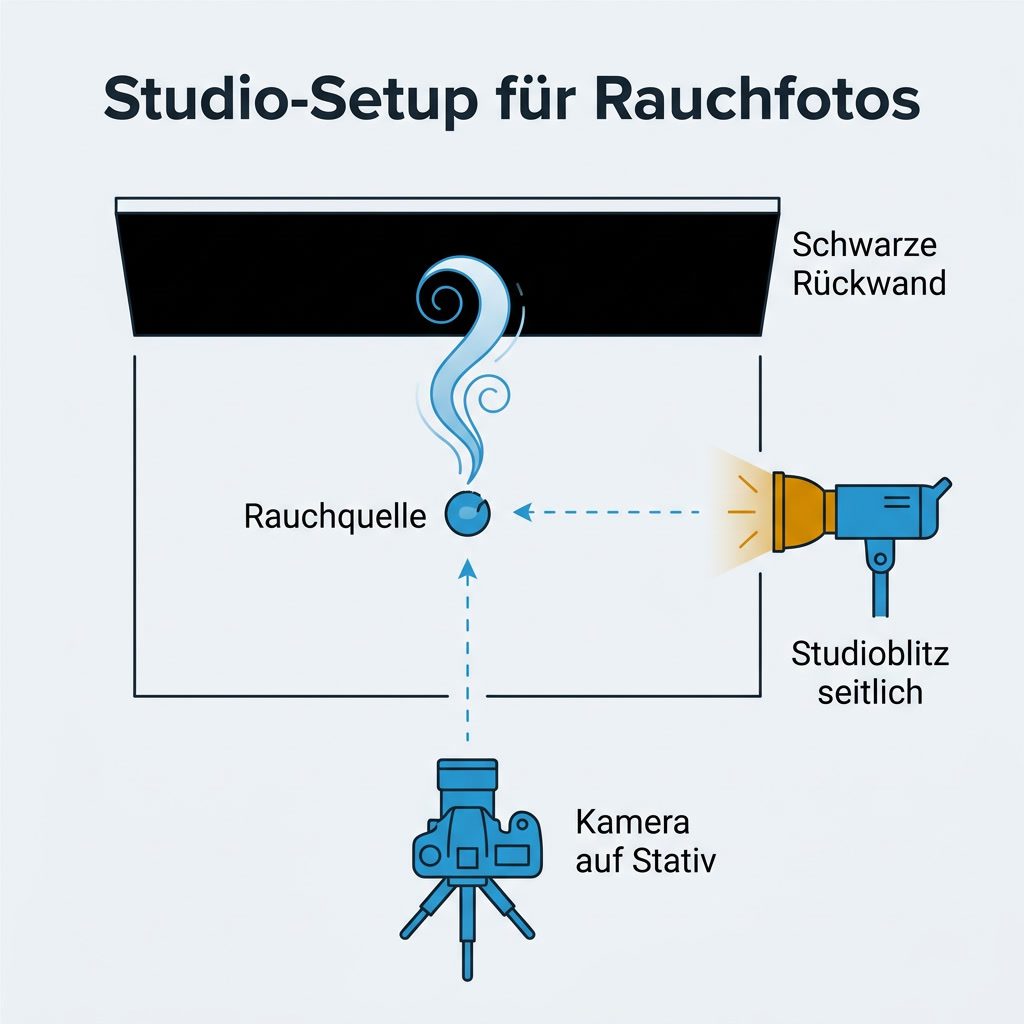 Infografik: Studio-Setup für Rauchfotos mit schwarzer Rückwand, Rauchquelle, seitlichem Studioblitz und Kamera auf Stativ