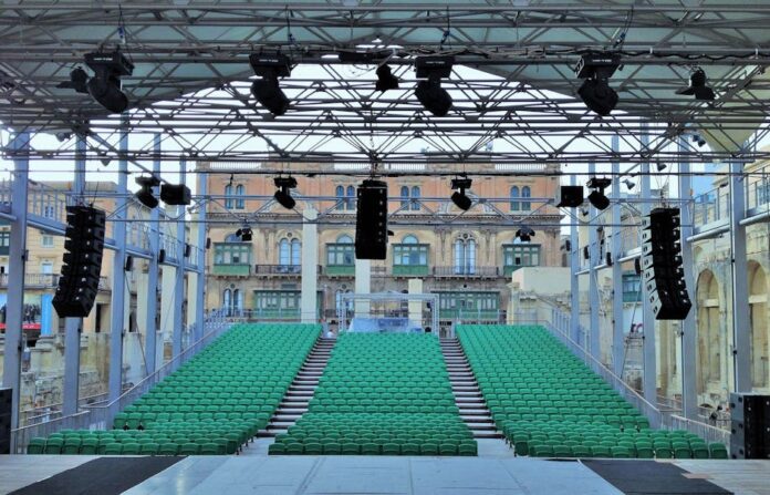 störtebeker festspiele - Empty seats and stage with modern light and sound equipment mounted on city